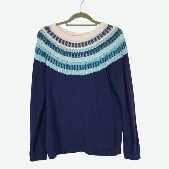 Talbots‎ Rib Yoke Crewneck Pullover Sweater Blue Cream Cotton Blend Small - Picture 2 of 9